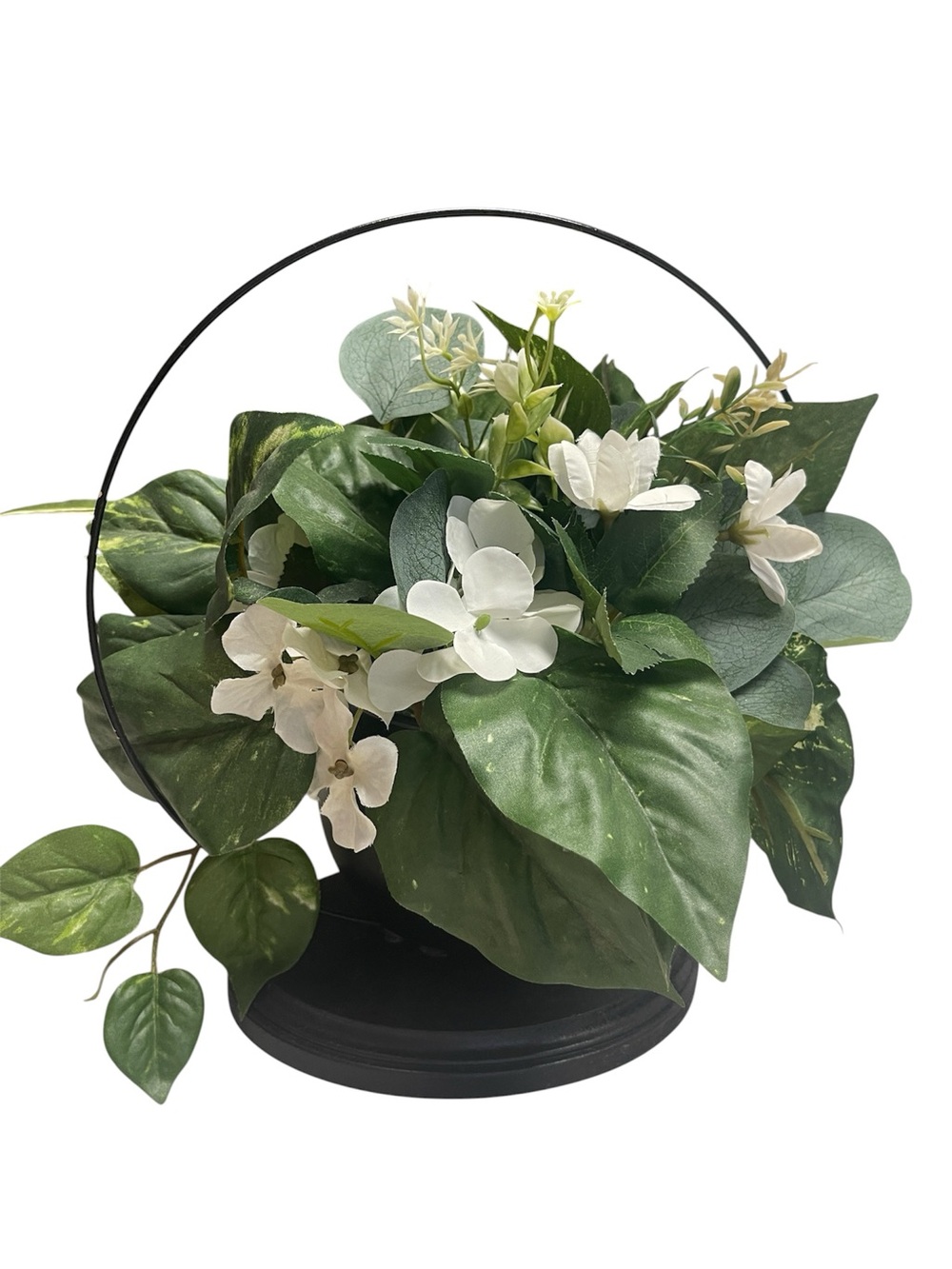 Modern Faux Eucalyptus & White Floral Centerpiece Black Metal Hoop Planter